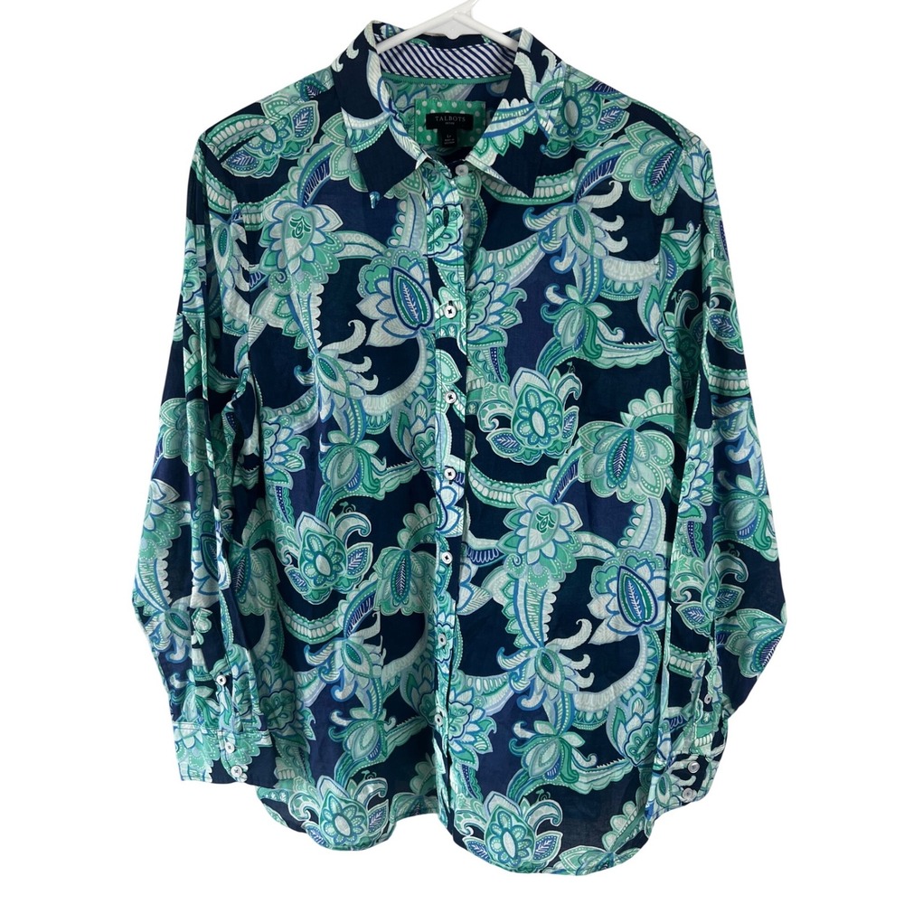 Talbots Paisley Floral Button Down Blouse Size Large Petite Preppy Coastal